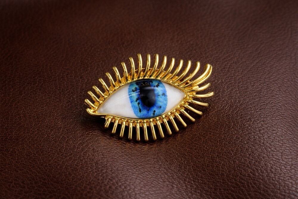 Zara Evil Eye Brooch Pin Devil Gothic Gold VTG Turkish Retro Ethnic Boho Glazed